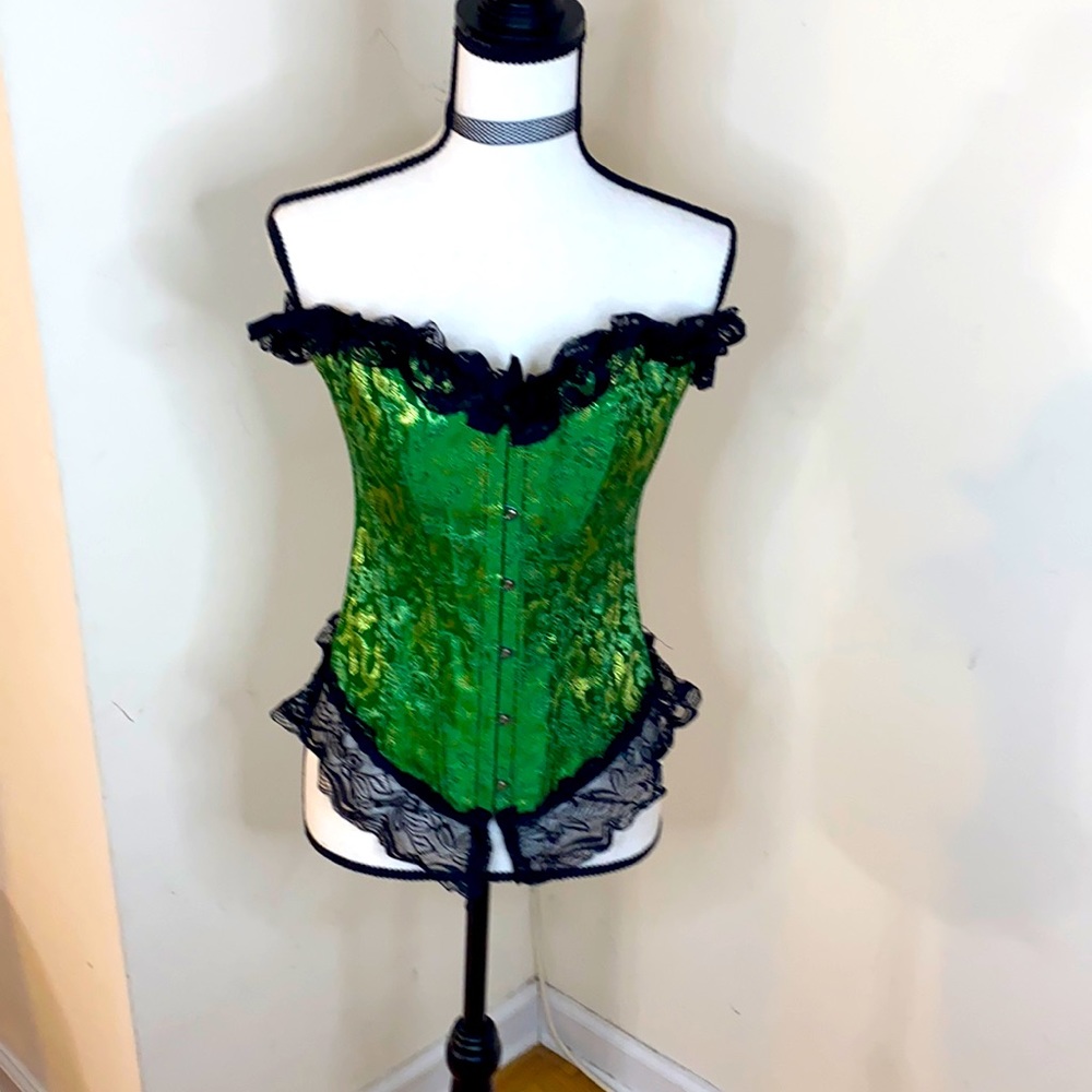 Green brocade and Black lace corset